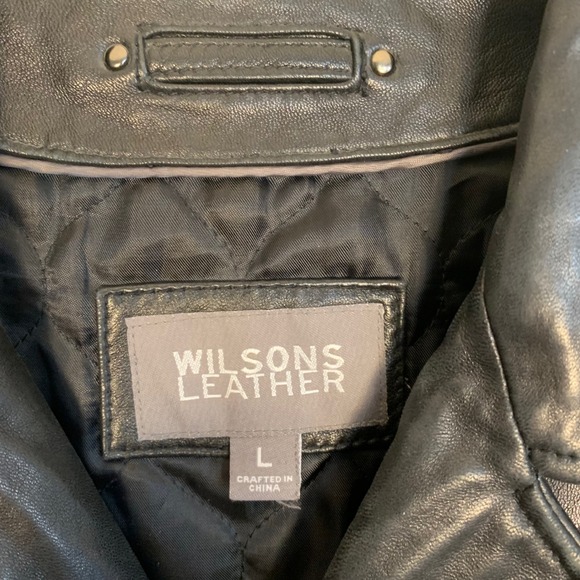 Wilsons Leather Mens L Black Leather Car Coat Quilted Lining Button Front Jacket - Picture 3 of 16